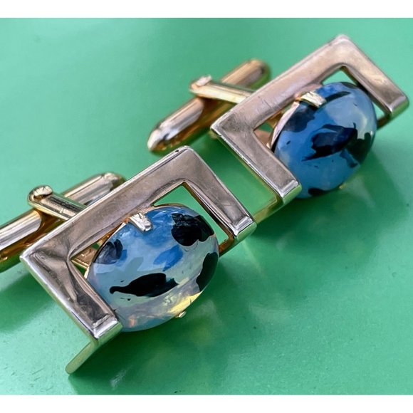 Vintage 1960s Swank Opal Glass Mens Cufflinks - Picture 2 of 16